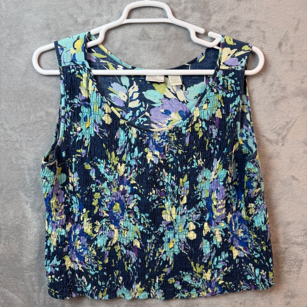 Erika Tank Top Women XL Blue Floral Smocked Bodice Sleeveless CottageCore Casual